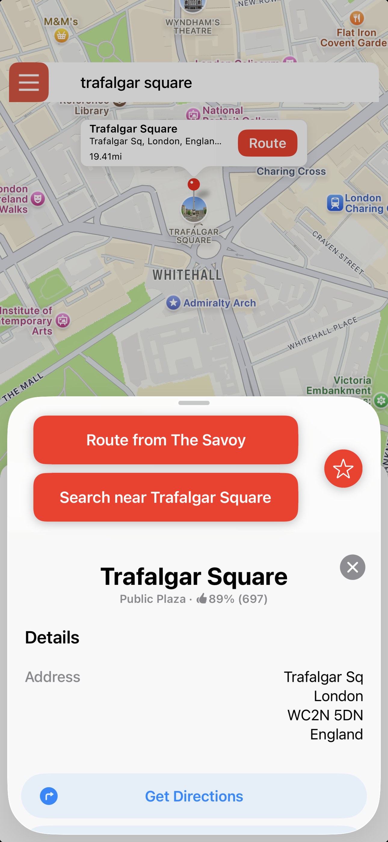 Strydr place card for Trafalgar Square with Route from The Savoy