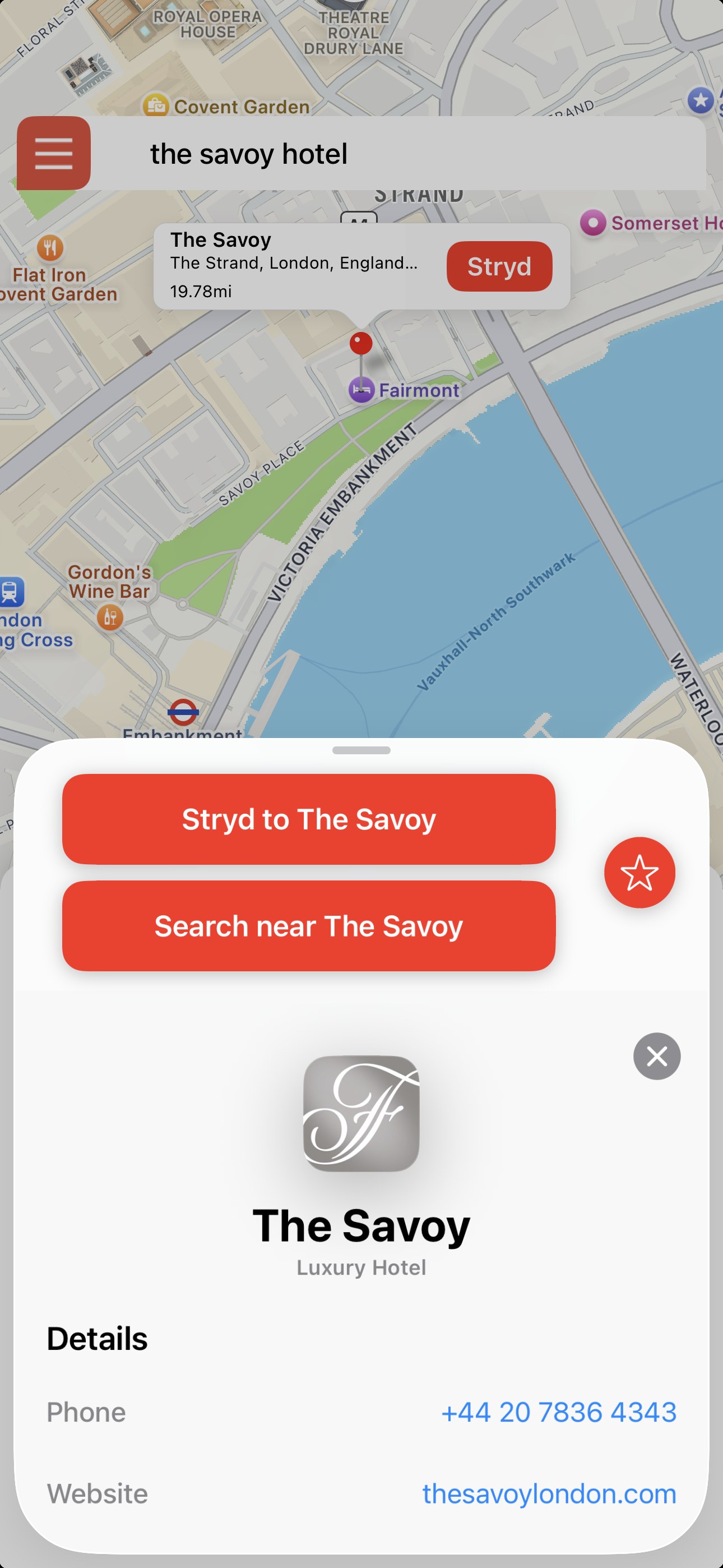 Strydr place card for The Savoy with Search near The Savoy
